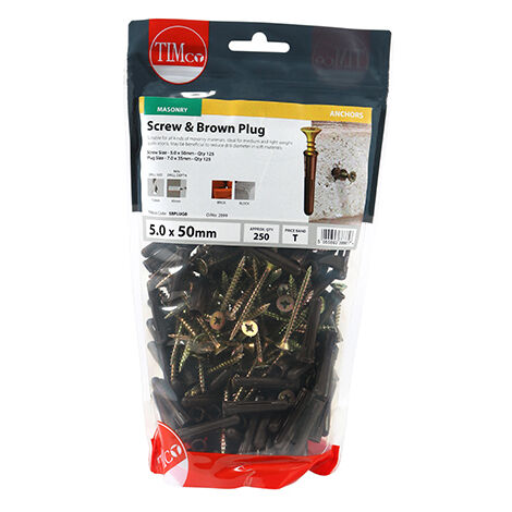 TIMCO Brown Premium Plastic Plugs With Twin-Threaded Countersunk Silver Woodscrews - 35mm Brown Plug, 5.0x50 Screw