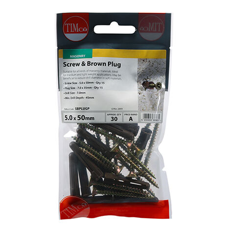 TIMCO Brown Premium Plastic Plugs With Twin-Threaded Countersunk Silver Woodscrews - 35mm Brown Plug, 5.0x50 Screw