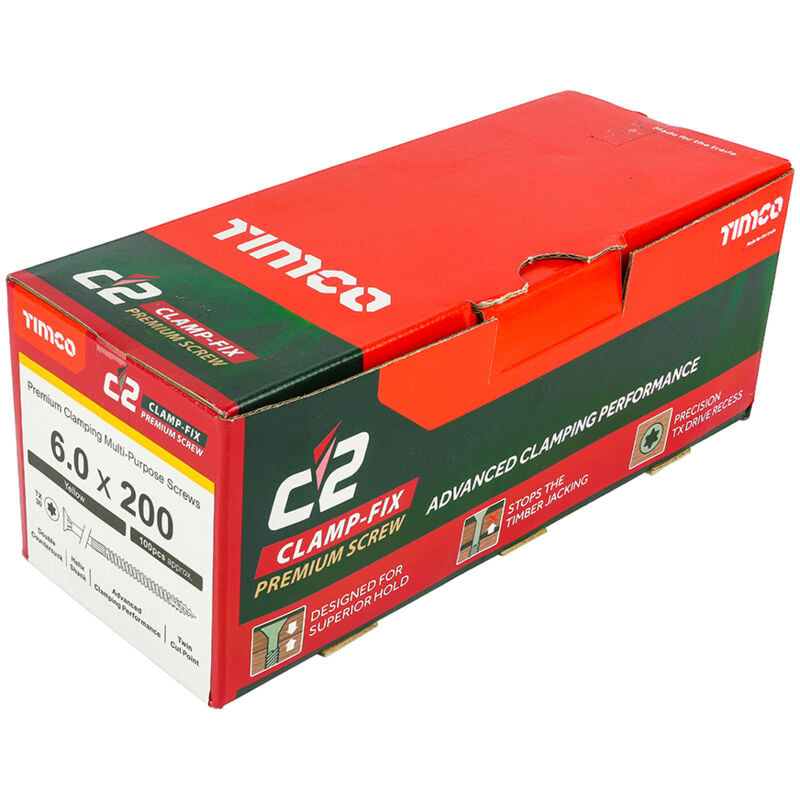 C2 Clamp-Fix Multi-Purpose Premium Countersunk Gold Woodscrews - 6.0 x 200 Box of 100 - 60200C2C - Timco