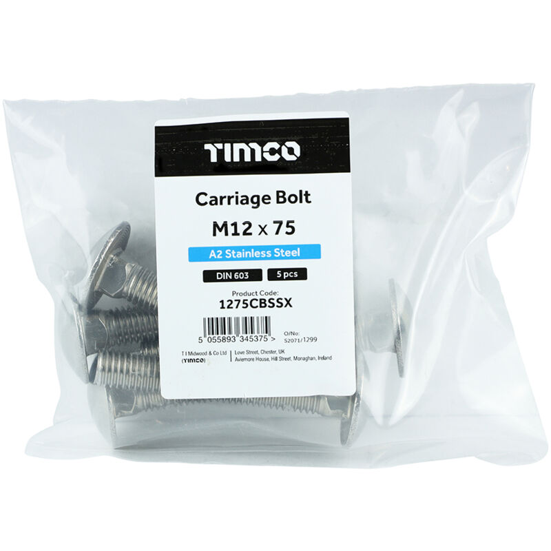 Timco - Carriage Bolts - A2 Stainless Steel (Size M12 x 75 - 5 Pieces)