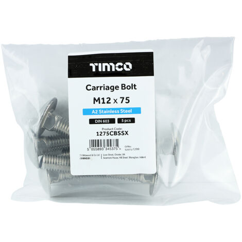 TIMCO Carriage Bolts DIN603 A2 Stainless Steel - M12 x 75