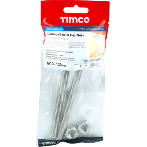 TIMCO Carriage Bolts DIN603 & Hex Full Nut DIN934 A2 Stainless Steel - M10 x 120