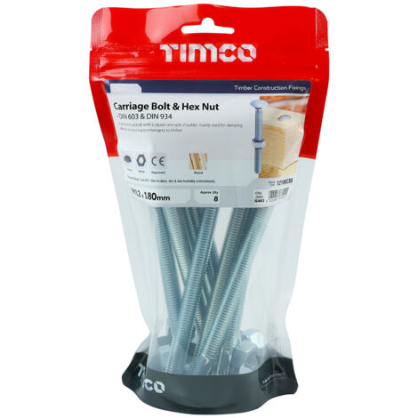 TIMCO Carriage Bolts DIN603 & Hex Full Nut DIN934 Silver - M12 x 180