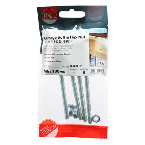 TIMCO Carriage Bolts DIN603 & Hex Full Nut DIN934 Silver - M6 x 100