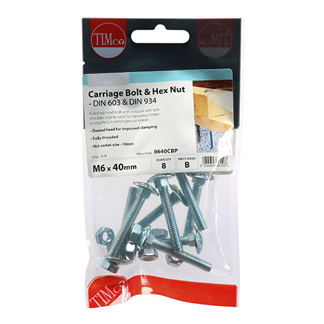 TIMCO Carriage Bolts DIN603 & Hex Full Nut DIN934 Silver - M6 x 40
