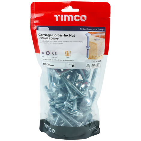 TIMCO Carriage Bolts DIN603 & Hex Full Nut DIN934 Silver - M8 x 75