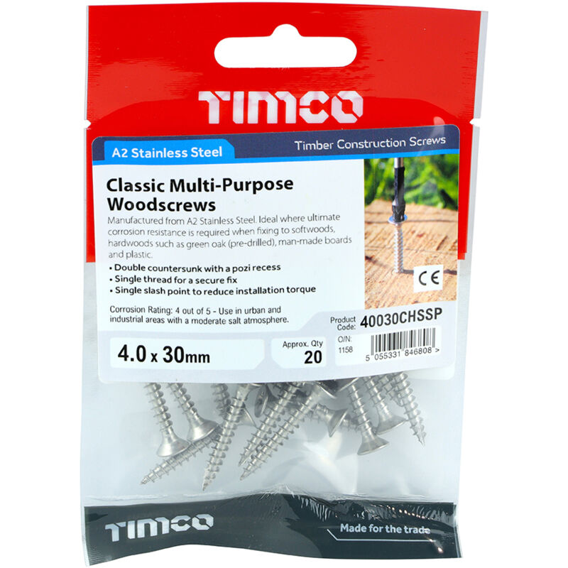 TIMCO Classic Multi-Purpose Countersunk A2 Stainless Steel Woodcrews - 4.0 x 30 TIMpac OF 20 - 40030CHSSP
