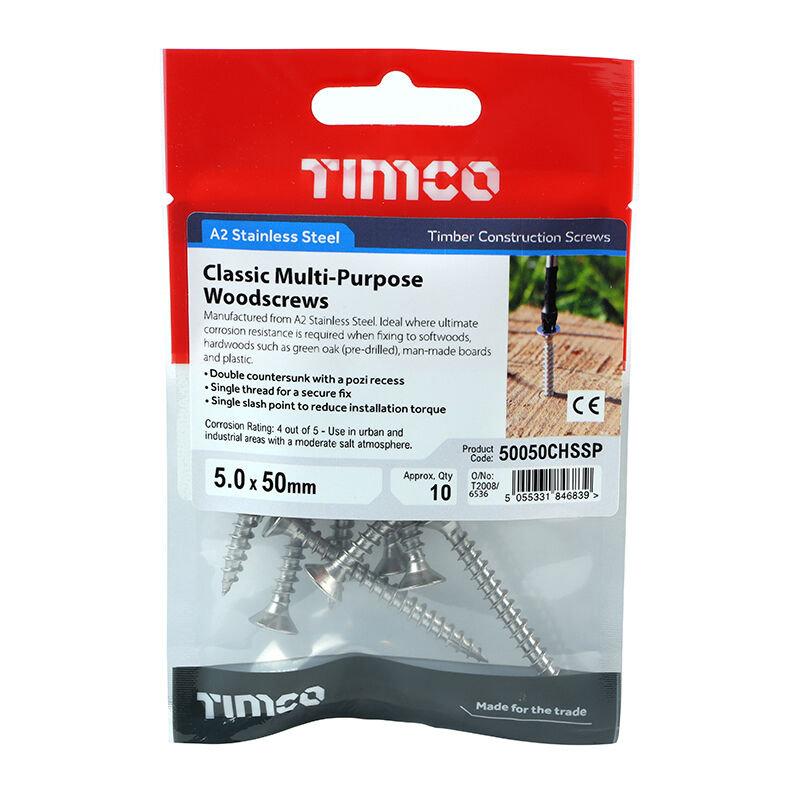 TIMCO Classic Multi-Purpose Countersunk A2 Stainless Steel Woodcrews - 5.0 x 50 TIMpac OF 10 - 50050CHSSP