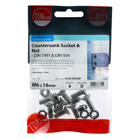 TIMCO Countersunk Socket Screws DIN7991 A2 Stainless Steel - M6 x 16