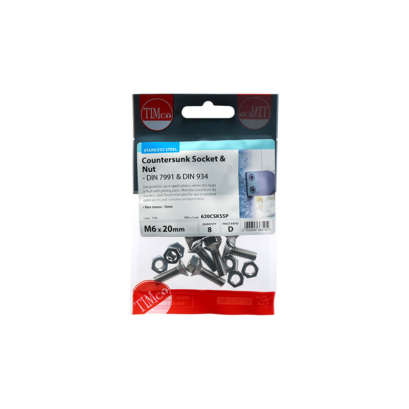 Timco - Socket Screws & Hex Nuts - Countersunk - Stainless Steel (Size M6 x 20 - 8 Pieces)