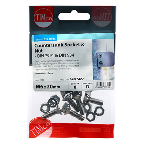 TIMCO Countersunk Socket Screws DIN7991 A2 Stainless Steel - M6 x 20