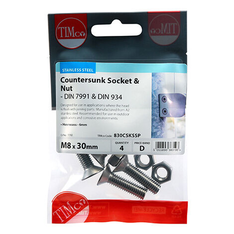 TIMCO Countersunk Socket Screws DIN7991 A2 Stainless Steel - M8 x 30