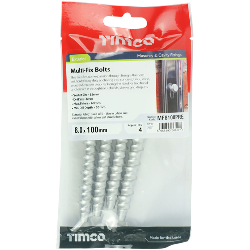 Timco - Masonry Bolts - Hex - Exterior - Silver (Size 8.0 x 100 - 4 Pieces)