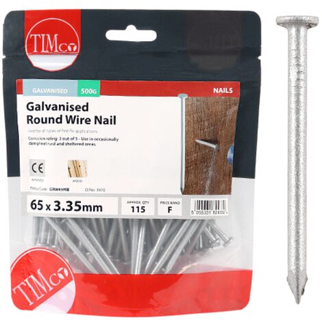 Timco Galvanised Round Wire Nails - 65 x 3.35mm (500g Bag)
