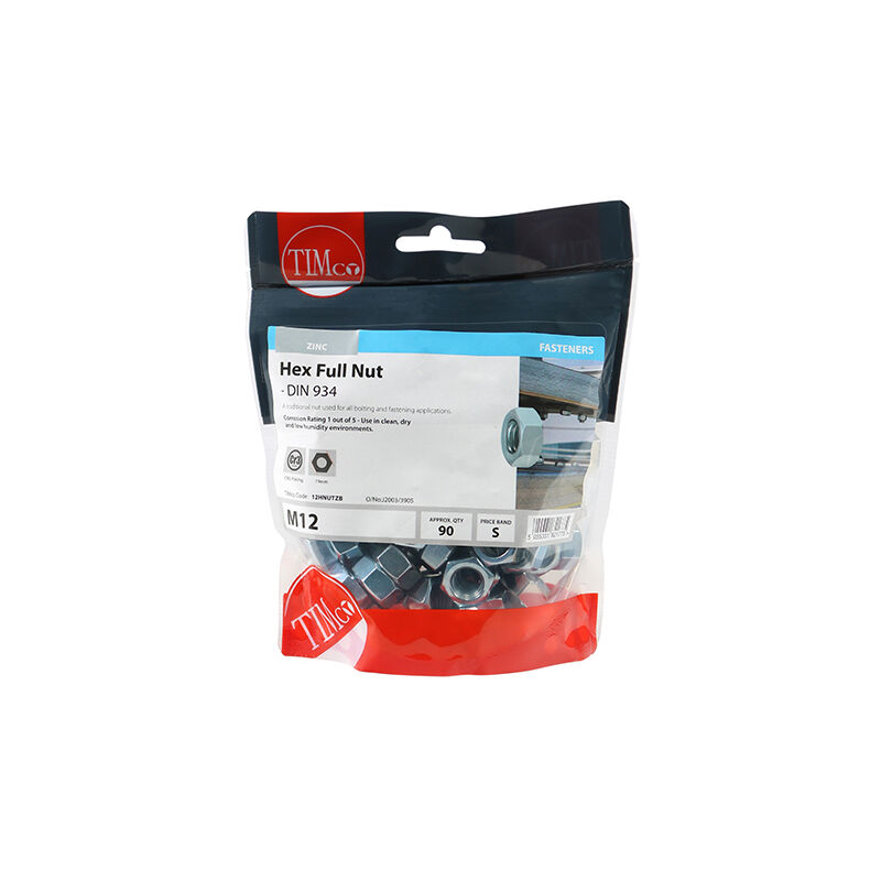 Timco - Hex Full Nuts - Zinc (Size M12 - 90 Pieces)