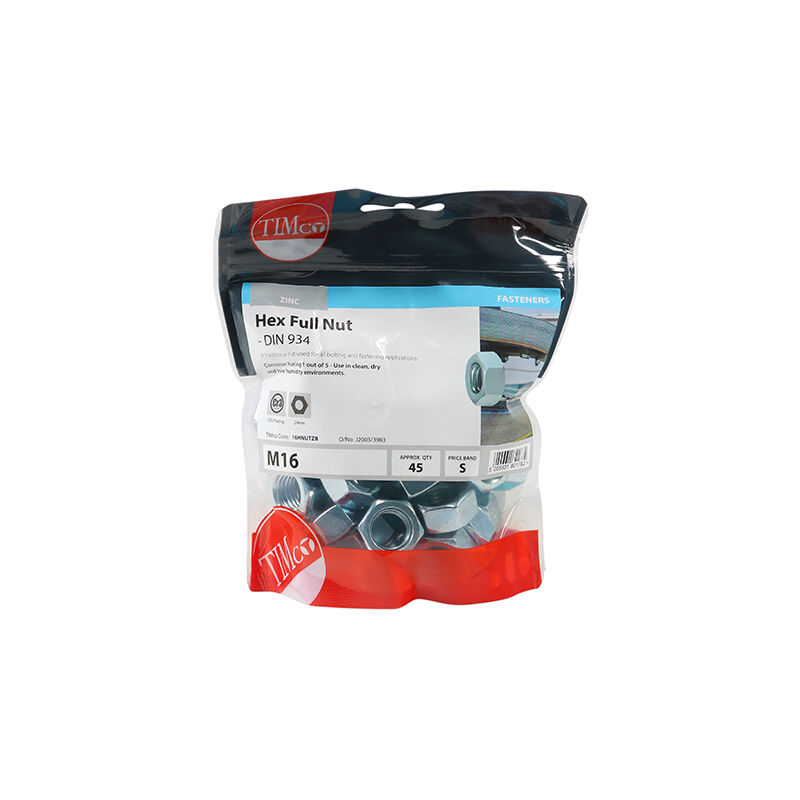 Timco - Hex Full Nuts - Zinc (Size M16 - 45 Pieces)