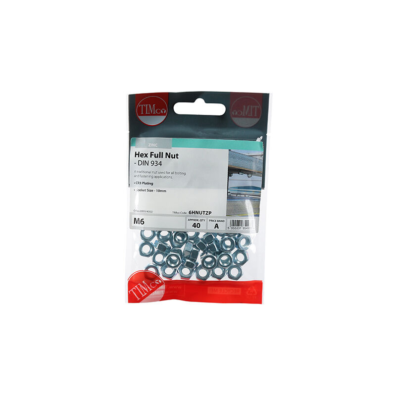 Timco - Hex Full Nuts - Zinc (Size M6 - 40 Pieces)