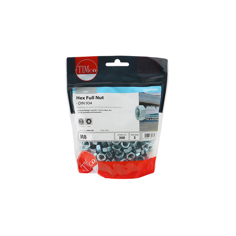 Timco - Hex Full Nuts - Zinc (Size M8 - 300 Pieces)