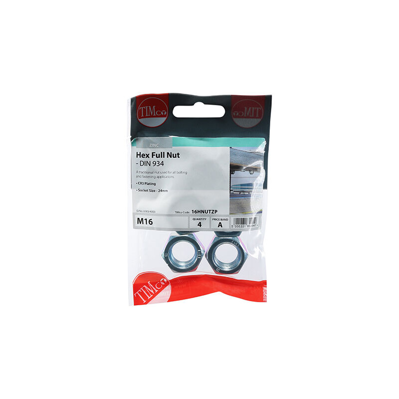 Timco - Hex Full Nuts - Zinc (Size M16 - 4 Pieces)