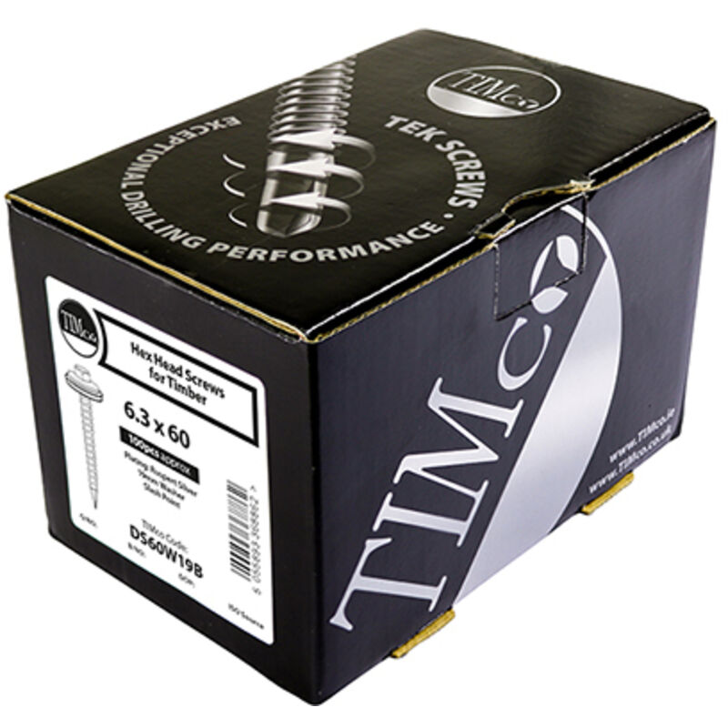 Timco - Metal Construction Thin Sheet Metal to Timber Screws - Hex - EPDM Washer - Slash Point - Exterior - Silver Organic (Size 6.3 x 125 - 100 Piece