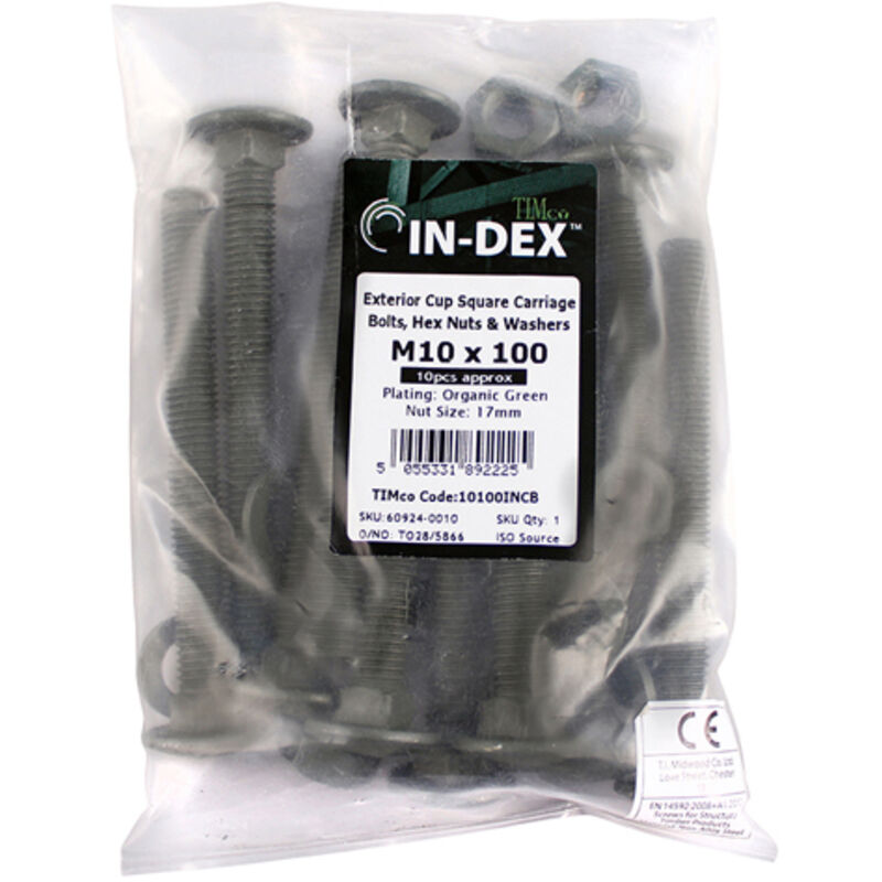 Timco - Carriage Bolts Hex Nuts & Form A Washers - Dome - Exterior - Green (Size M10 x 150 - 10 Pieces)