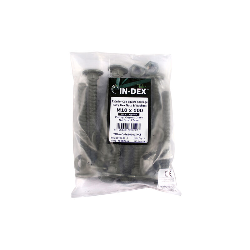 Carriage Bolts DIN603 Hex Nuts & Form a Washers Green Exterior - M10 x 220 Bag of 10 - 10220INCB - Timco