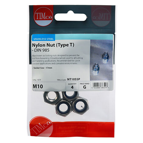 TIMCO Nylon Insert Nuts Type T DIN985 A2 Stainless Steel - M10