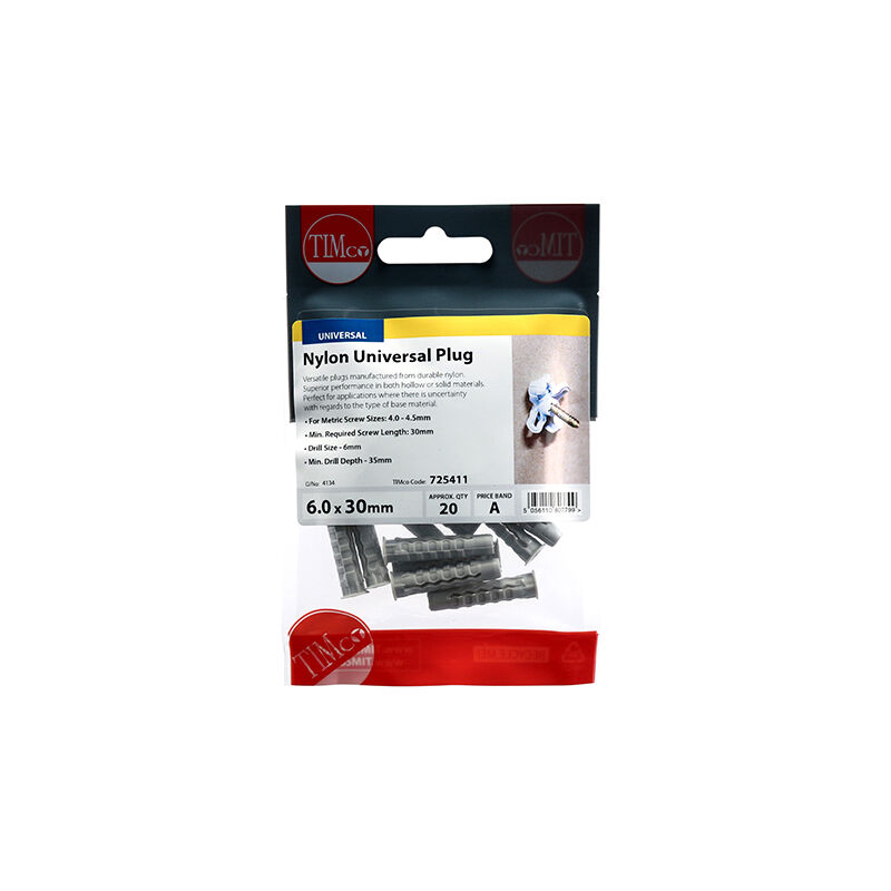 Timco - Nylon Universal Plugs (Size 6.0 x 30 - 20 Pieces)