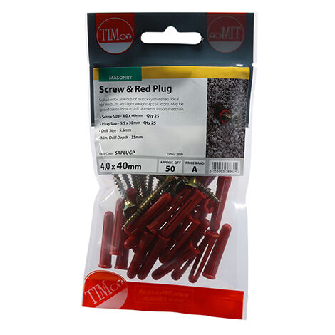 TIMCO Red Plastic Plugs with Screws - 30mm Red Plug, 4.0x40 Screw