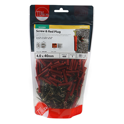 TIMCO Red Plastic Plugs with Screws - 30mm Red Plug, 4.0x40 Screw