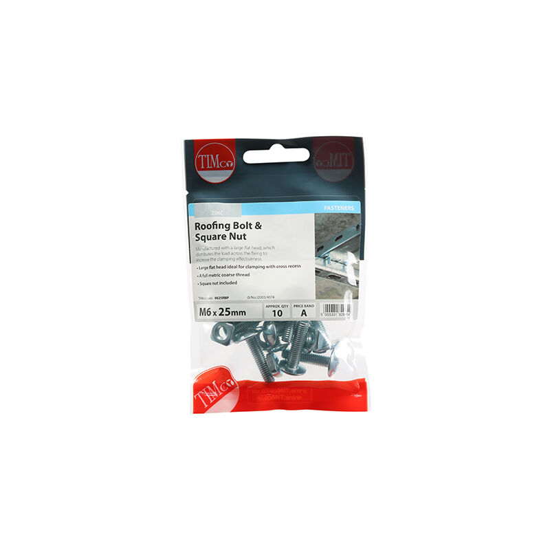 Timco - Roofing Bolts & Square Nuts - Zinc (Size M6 x 25 - 10 Pieces)
