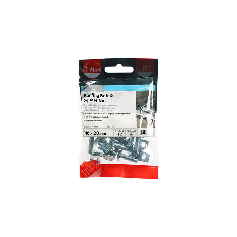 Timco - Roofing Bolts & Square Nuts - Zinc (Size M6 x 20 - 12 Pieces)
