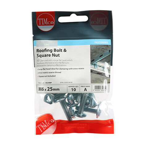 TIMCO Roofing Bolts & Square Nuts Silver - M6 x 25