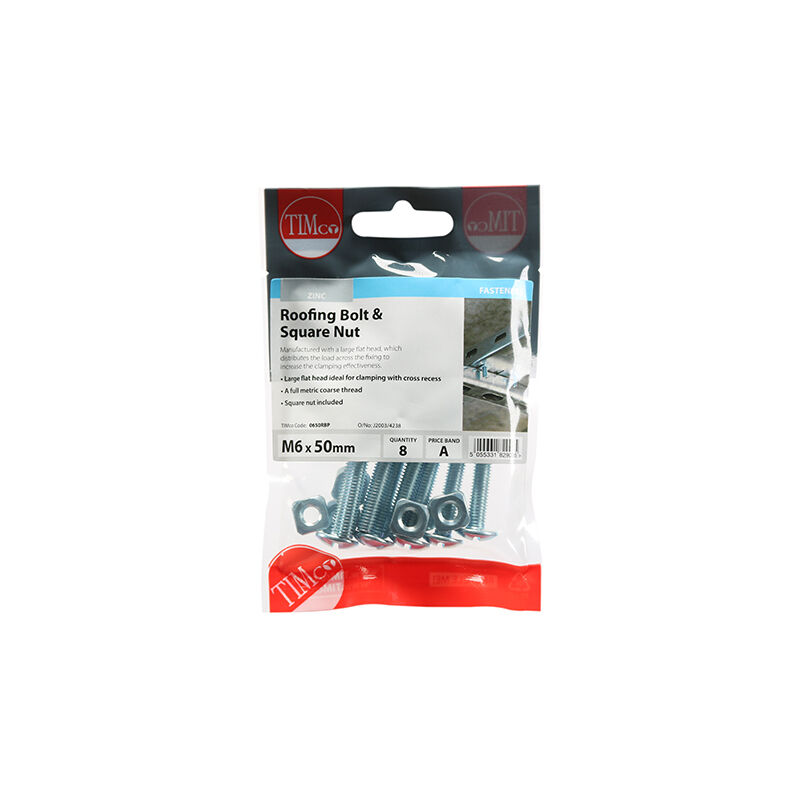 Timco - Roofing Bolts & Square Nuts - Zinc (Size M6 x 50 - 8 Pieces)