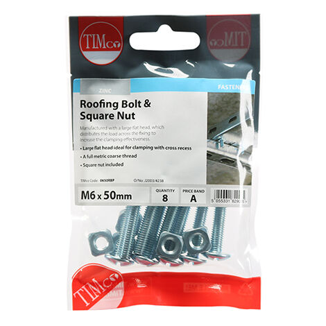 TIMCO Roofing Bolts & Square Nuts Silver - M6 x 50