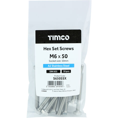 TIMCO Set Screws DIN933 A2 Stainless Steel - M6 x 50