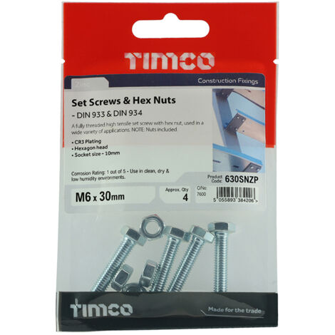TIMCO Set Screws DIN933 Grade 8.8 & Hex Nut DIN934 Silver - M6 x 30
