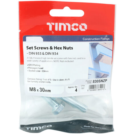 TIMCO Set Screws DIN933 Grade 8.8 & Hex Nut DIN934 Silver - M8 x 30