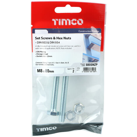 TIMCO Set Screws DIN933 Grade 8.8 & Hex Nut DIN934 Silver - M8 x 80
