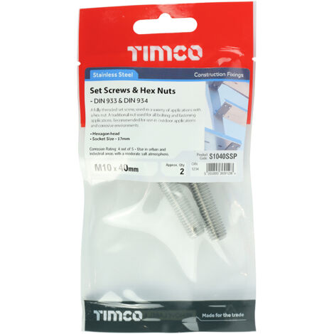 TIMCO Set Screws DIN933 Hex & Nut DIN934 Silver A2 Stainless Steel - M10 x 40