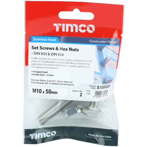 TIMCO Set Screws DIN933 Hex & Nut DIN934 Silver A2 Stainless Steel - M10 x 50