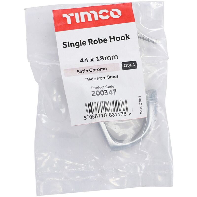 Timco Supplies - Timco Single Robe Hook Satin Chrome - 44 x 18mm (1 Pack)