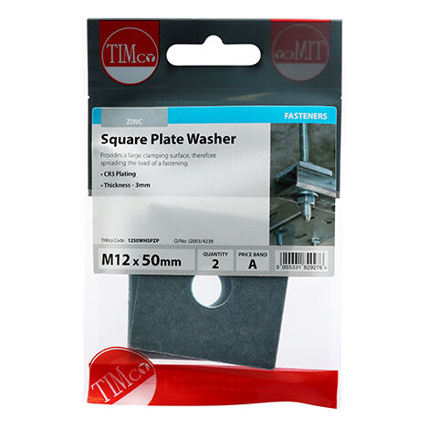 TIMCO Square Plate Washers Silver - M12 x 50 x 50 x 3