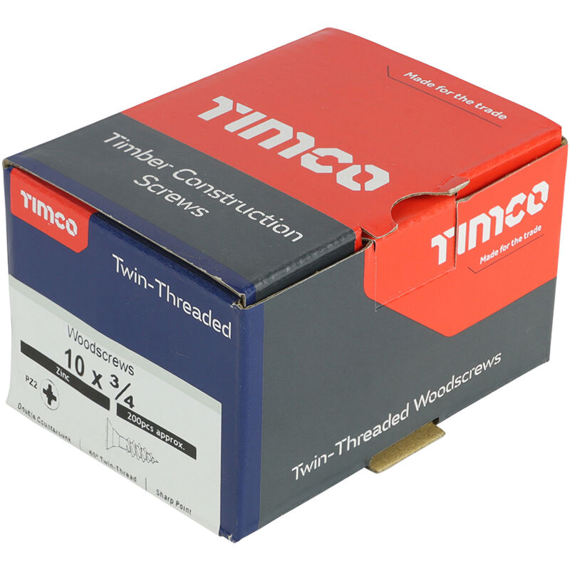 Timco - Twin-Threaded Woodscrews - PZ - Double Countersunk - Zinc (Size 10 x 3/4 - 200 Pieces)