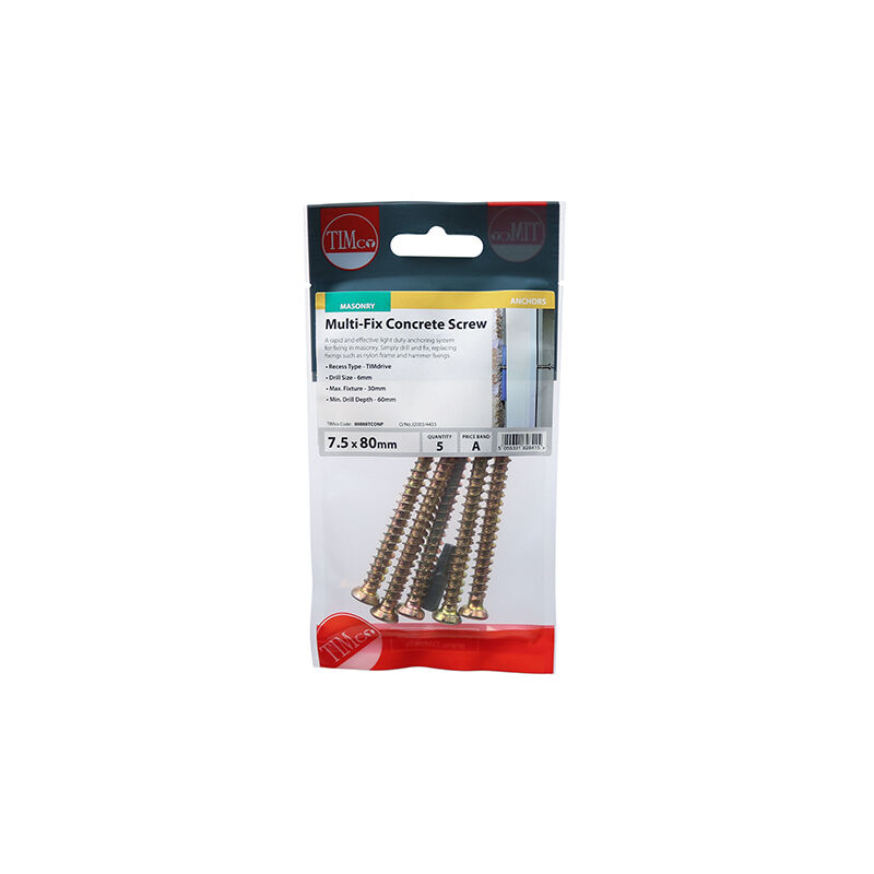 Timco - Concrete Screws - TX - Flat Countersunk - Yellow (Size 7.5 x 70 - 5 Pieces)