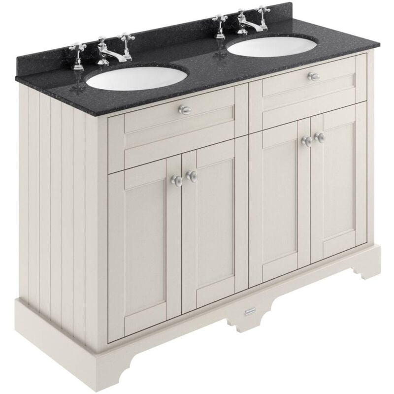 Old London Timeless Sand 1200mm 4 Door Vanity Unit with Black Marble Top and Double 3 Tap Hole Basins - LOF466