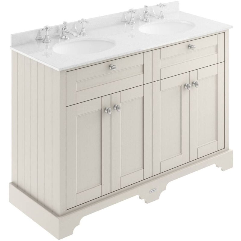 Old London Timeless Sand 1200mm 4 Door Vanity Unit with White Marble Top and Double 3 Tap Hole Basins - LOF467