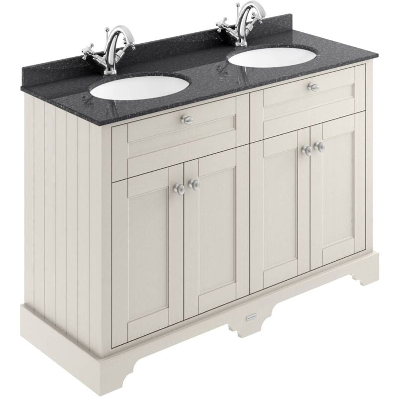 Old London Timeless Sand 1200mm 4 Door Vanity Unit with Black Marble Top and Double 1 Tap Hole Basins - LOF463