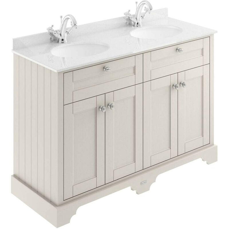 Old London Timeless Sand 1200mm 4 Door Vanity Unit with White Marble Top and Double 1 Tap Hole Basins - LOF464