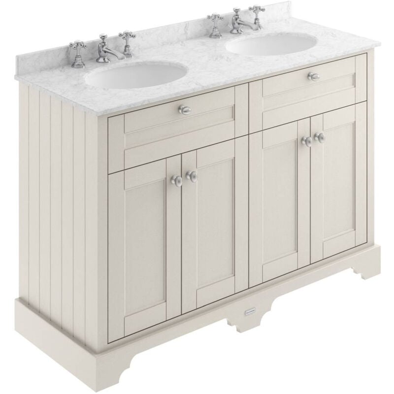 Old London Timeless Sand 1200mm 4 Door Vanity Unit with Grey Marble Top and Double 3 Tap Hole Basins - LOF468